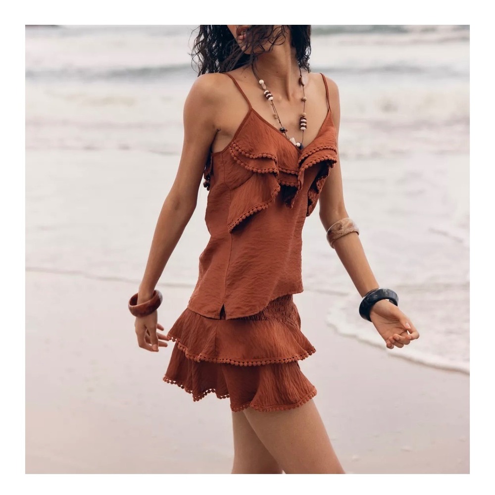 Zara Rust Tiered Ruffle Mini Skort Smocked Waist‎ Crochet Trim Boho Chic